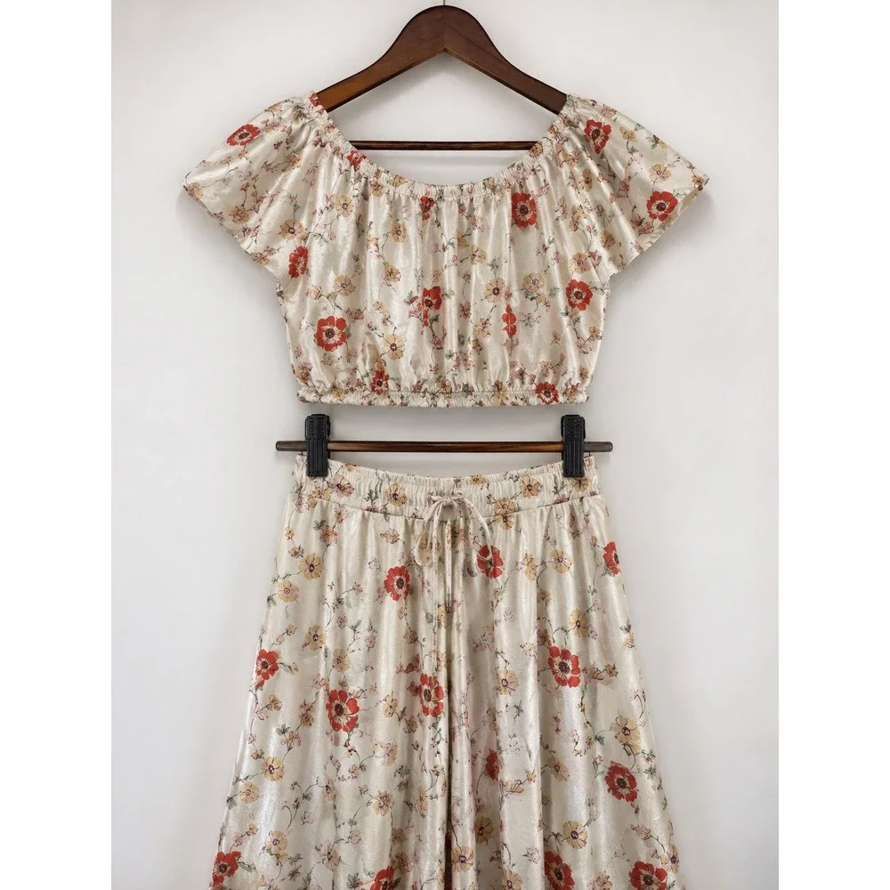 H&M Floral Smocked Crop Top and Pants Set Cream Red Size 12